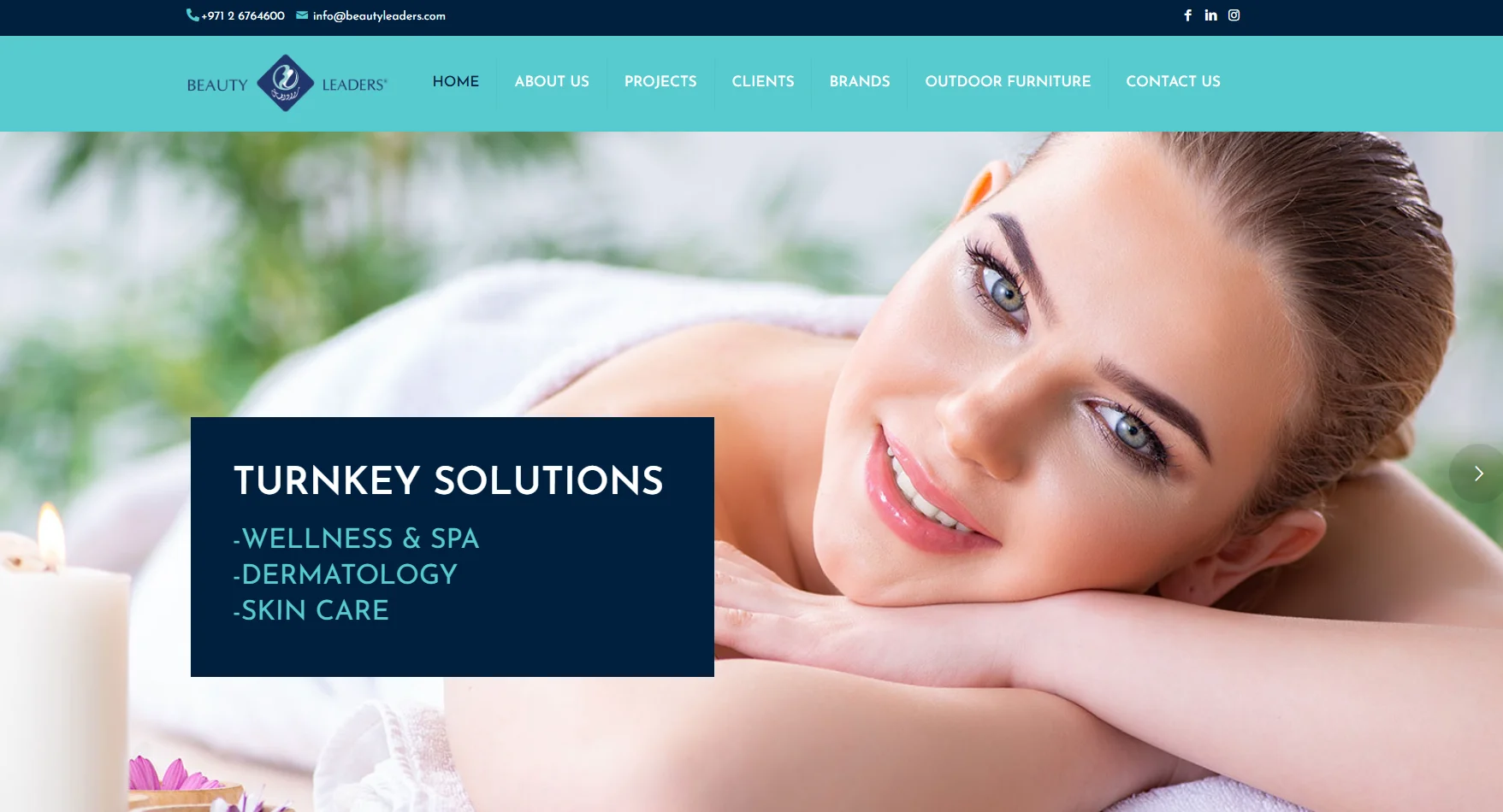 Beauty Leaders website with turnkey solutions section highlighting wellness and spa, dermatology, and skin care services.